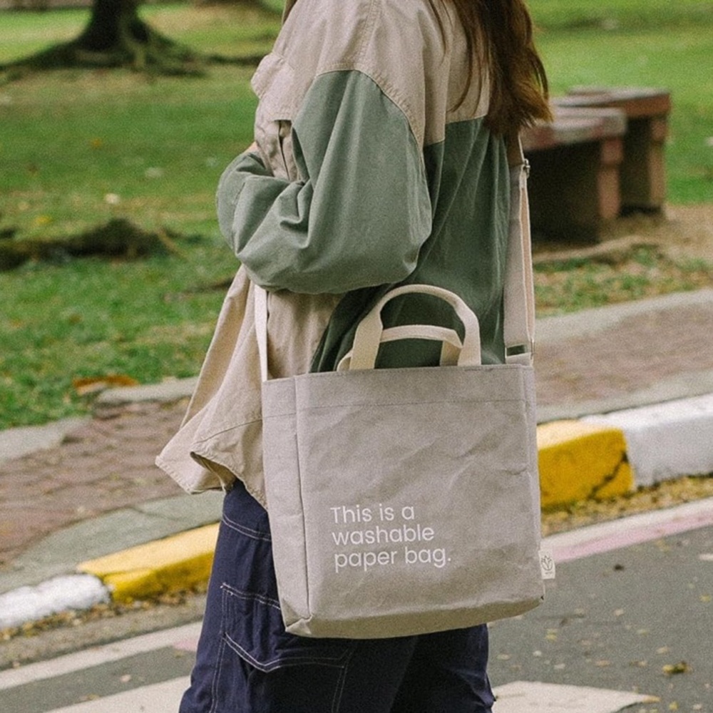 NWT “This is a Washable Paper Bag” Eco Tote Bag Paper Reusable Tan Gray